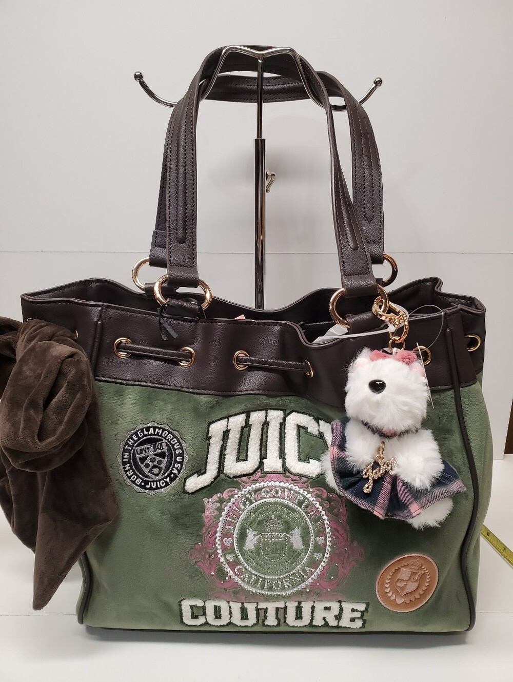 Juicy Couture Daydreamer Varsity Super Green & Brown Tote with Plush Charm